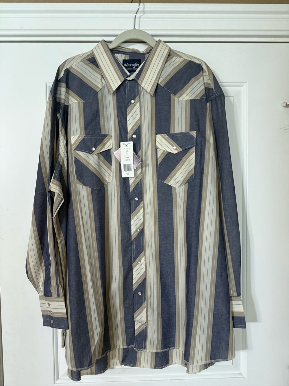 Wrangler Men’s Button-Down Striped Western Shirt - Blue & Tan